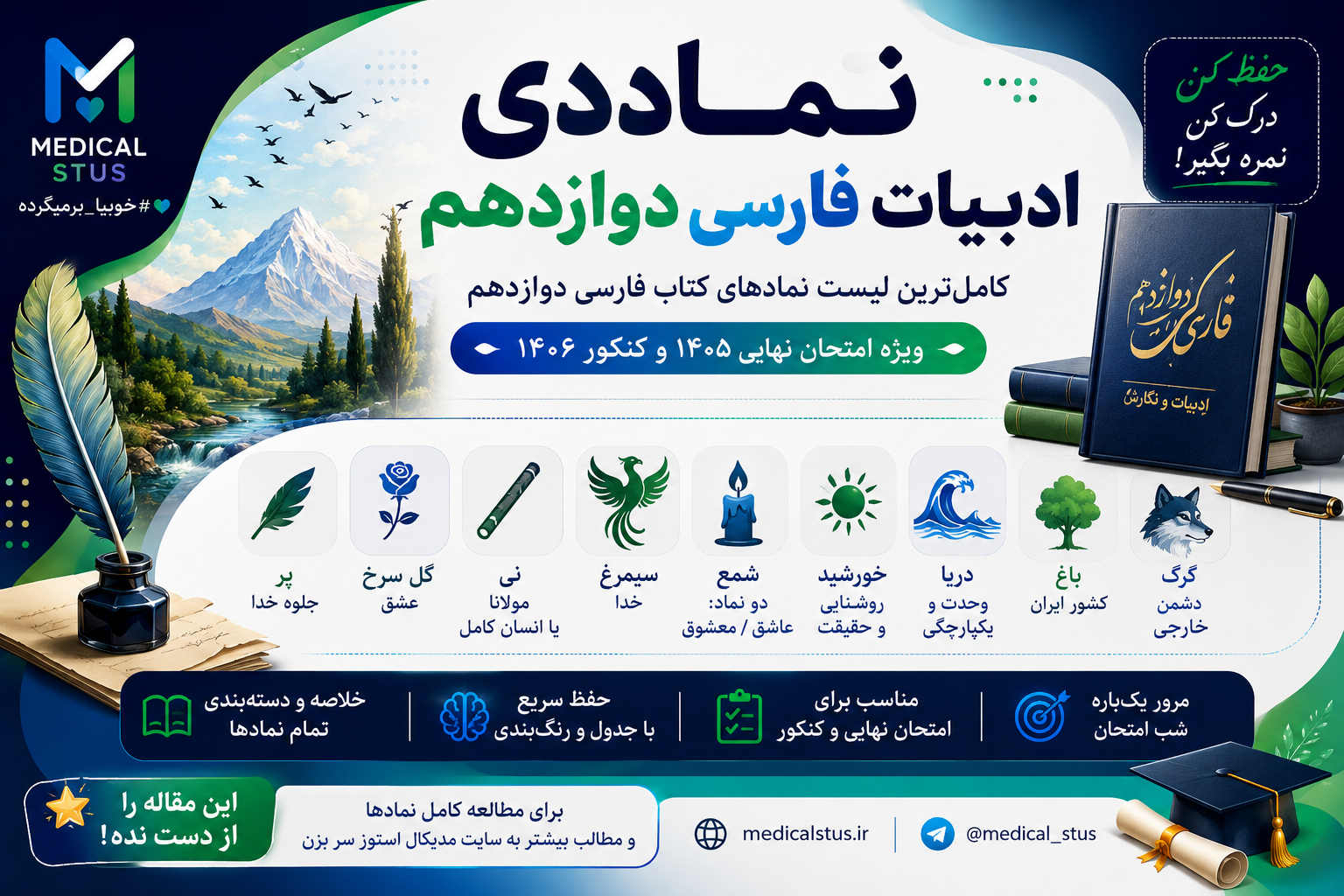 نمادهای ادبیات فارسی دوازدهم | کاملترین جدول نمادهای امتحان نهایی ۱۴۰۵